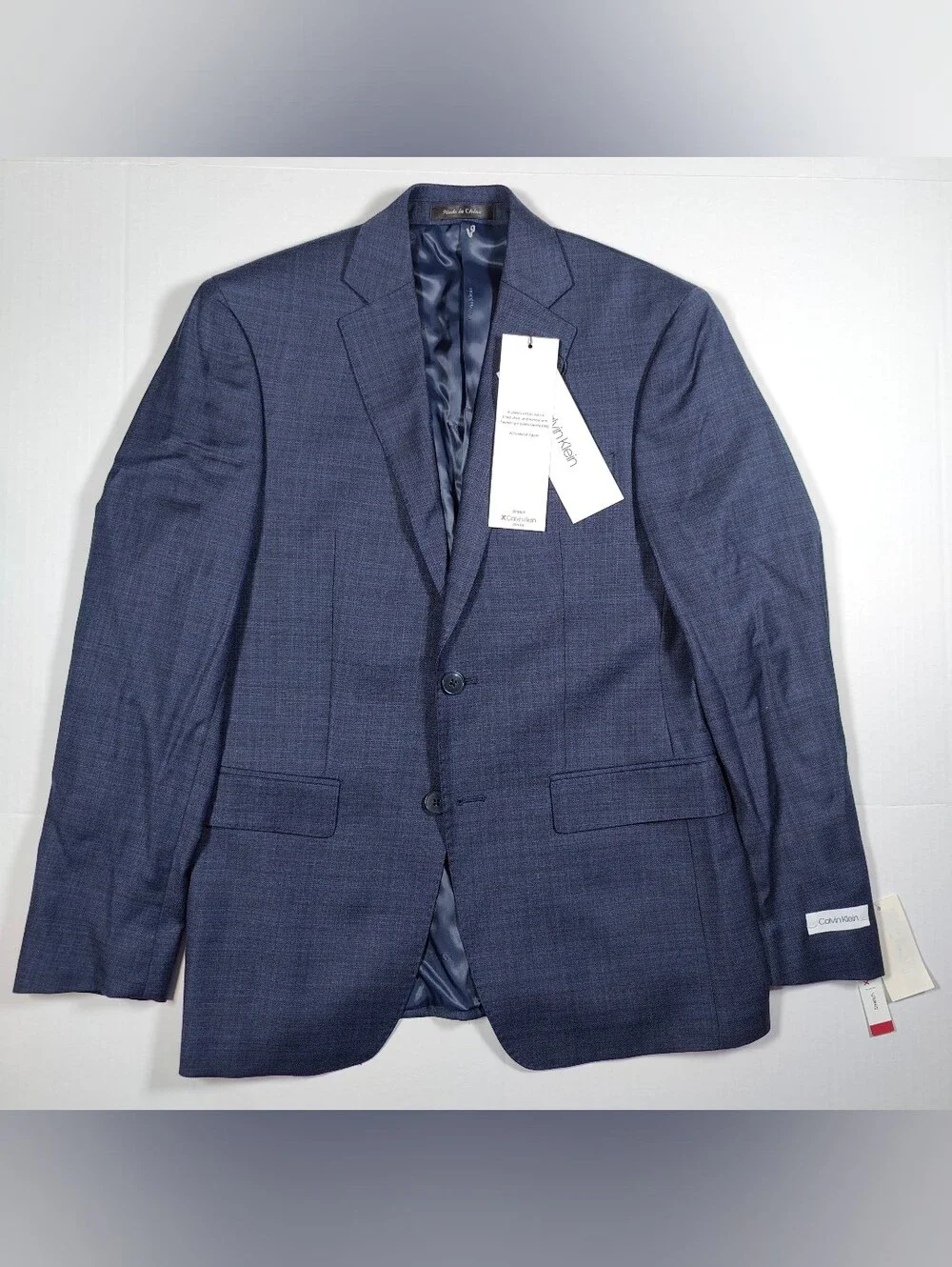 NWT Calvin Klein X Slim Fit 100% Wool Stretch Navy Plaid Blazer Size 36S